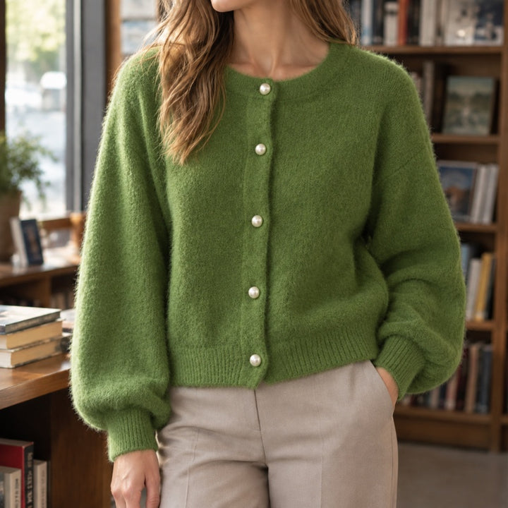 Cardigan donna verde girocollo con bottoni perlati