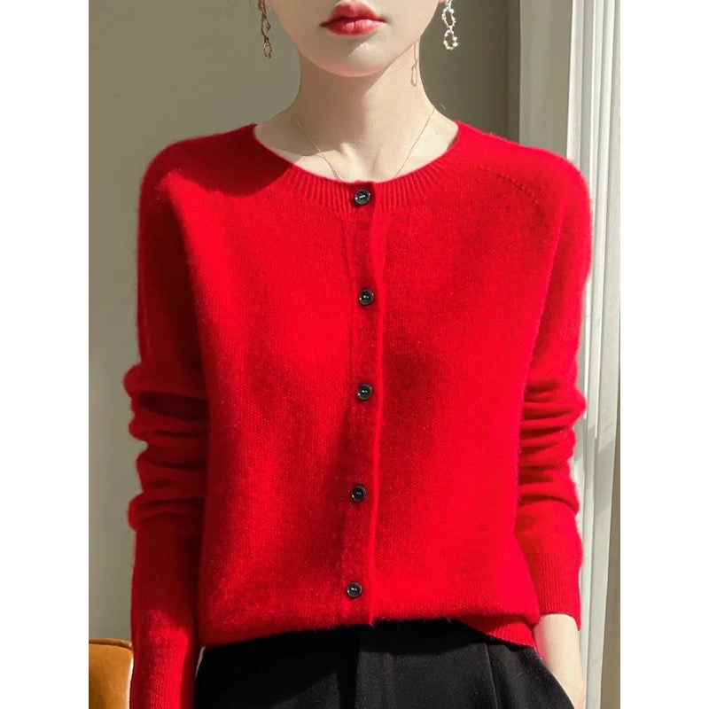 Cardigan donna rosso girocollo con bottoni