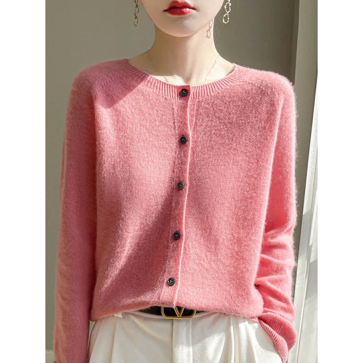 Cardigan donna rosa girocollo con bottoni