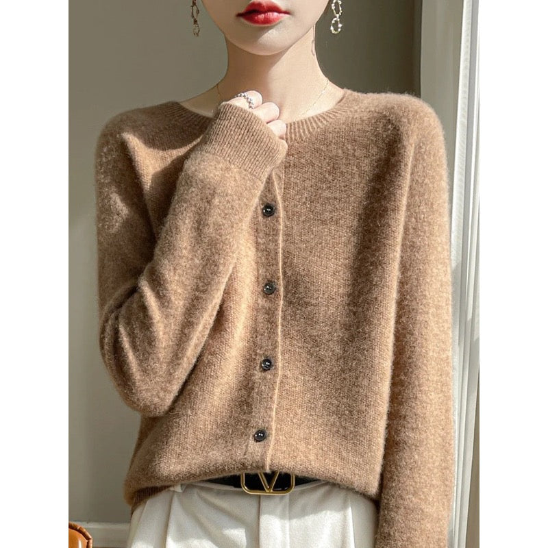 Cardigan donna cammello girocollo – vista frontale