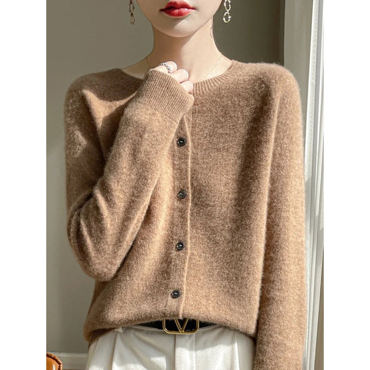 Cardigan donna cammello girocollo – vista frontale