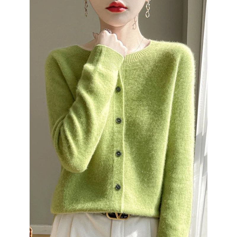 Cardigan donna verde lime girocollo in maglia fine