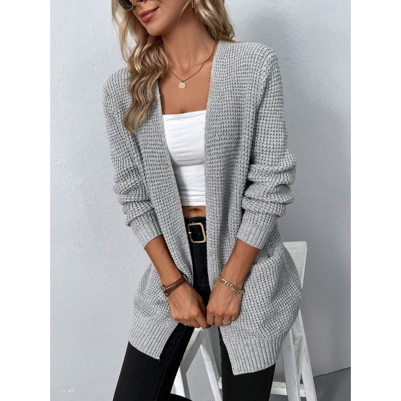Cardigan lungo donna grigio aperto in maglia grossa