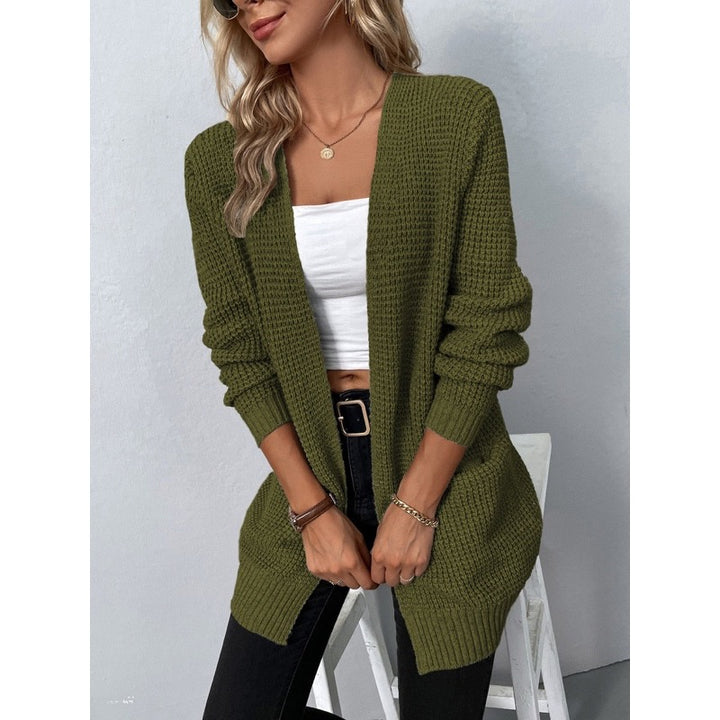 Cardigan lungo donna verde oliva aperto sul davanti