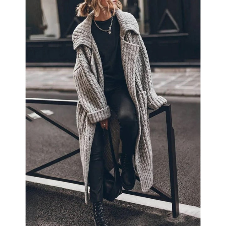 Cardigan donna grigio in maglia grossa con collo a scialle