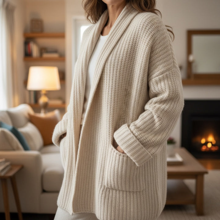 Cardigan lungo donna beige in maglia a coste con tasche – posa seduta