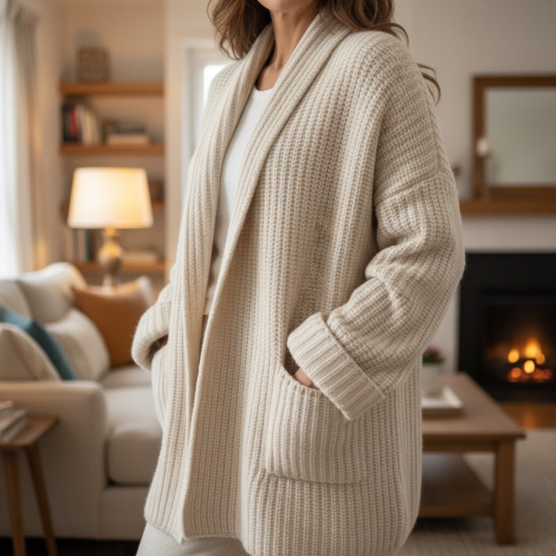 Langer gerippter Damen-Cardigan mit Taschen für den Winter