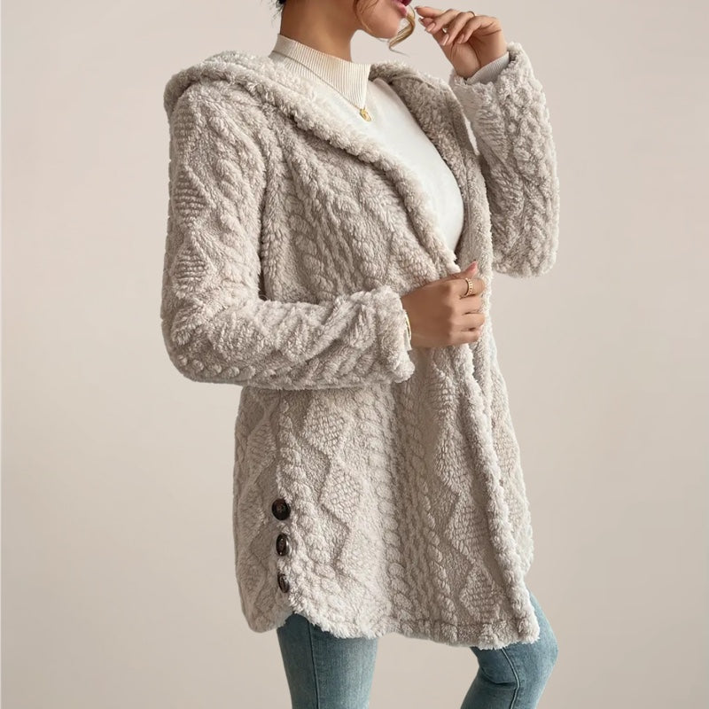 Cardigan lungo donna beige con cappuccio e bottoni laterali