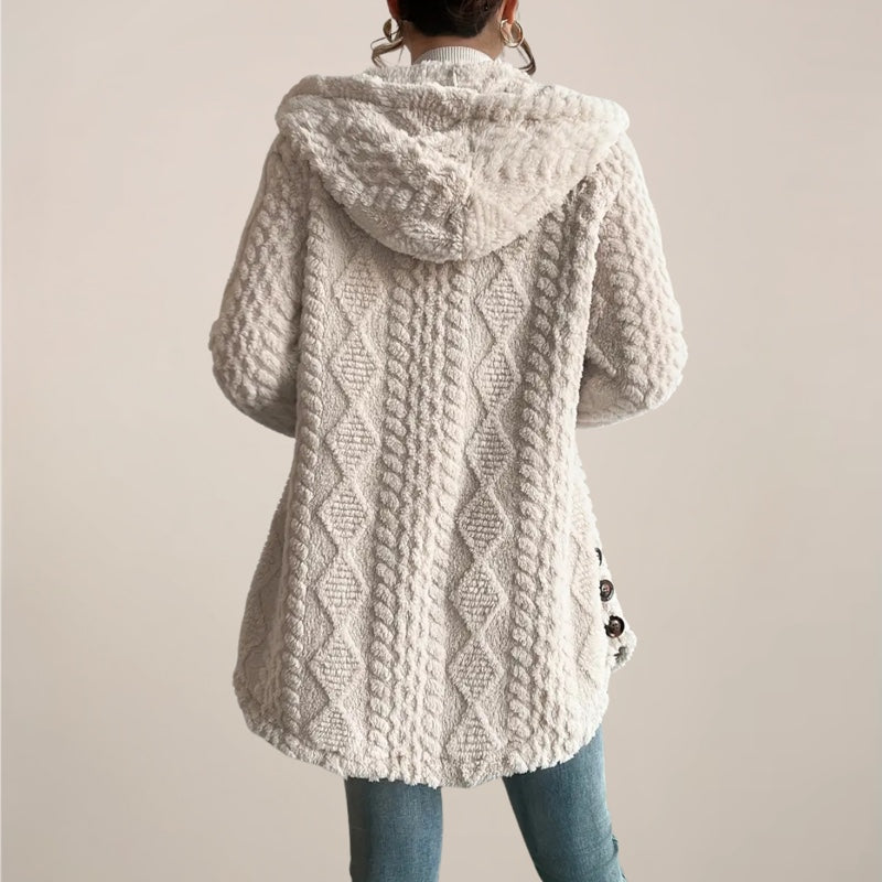 Cardigan donna beige a trecce con cappuccio – vista posteriore