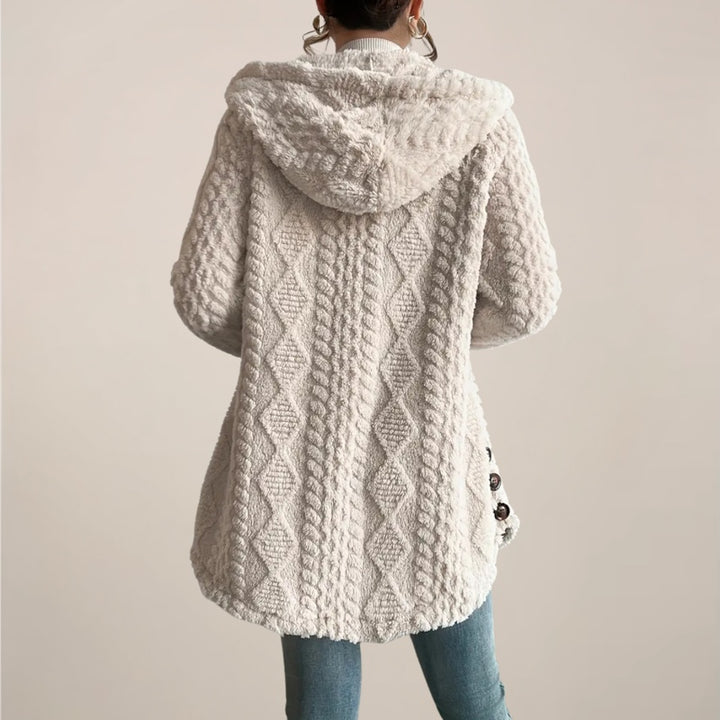 Cardigan donna beige a trecce con cappuccio – vista posteriore