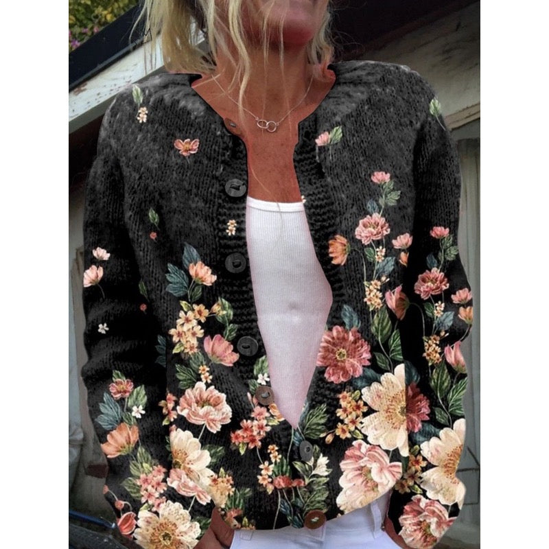 Schwarzer Damen-Cardigan mit Blumenmuster und Knöpfen für den Herbst