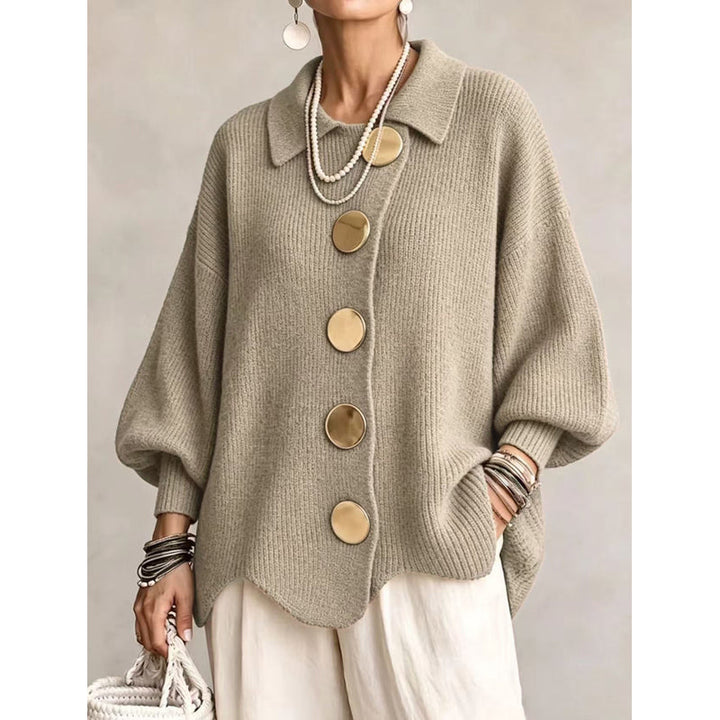 Cardigan oversize da donna con grandi bottoni dorati cachi – vista frontale