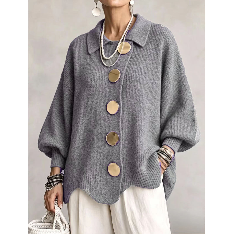 Cardigan oversize da donna con grandi bottoni dorati grigio – vista frontale