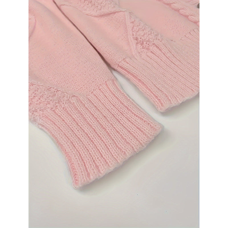 Cardigan a trecce da donna con scollo a V rosa – dettaglio del polsino a coste