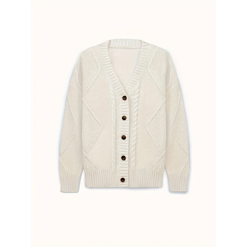 Cardigan a trecce da donna con scollo a V beige – vista frontale