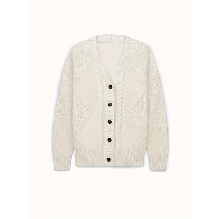 Cardigan a trecce da donna con scollo a V beige – vista frontale