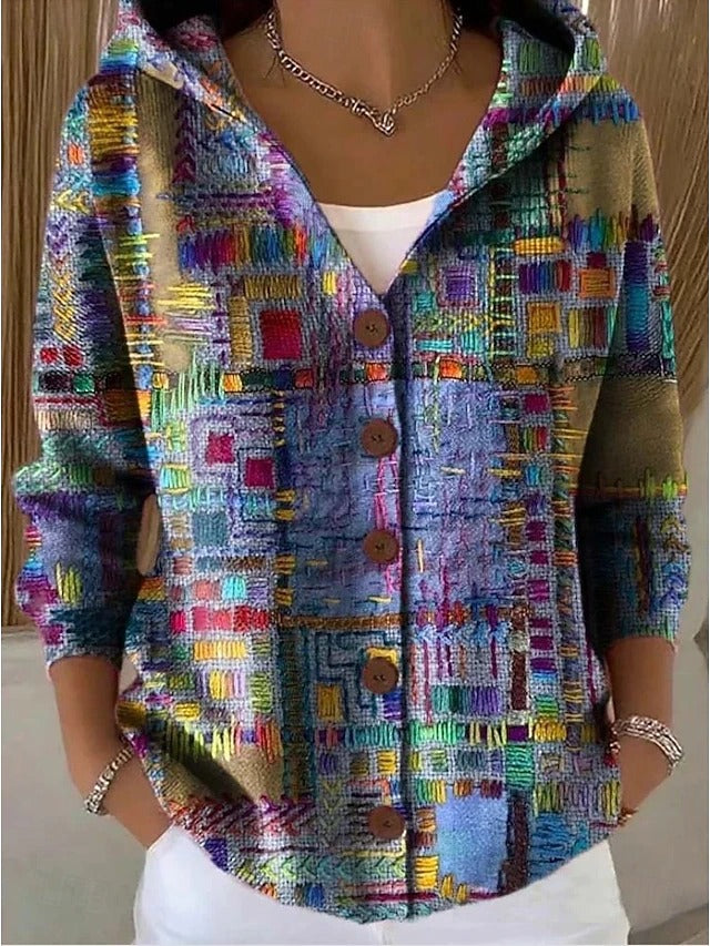 Cardigan donna con cappuccio e stampa viola