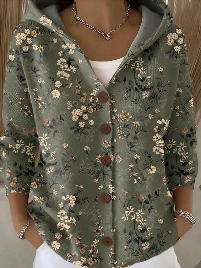 Cardigan donna con cappuccio e stampa verde scuro