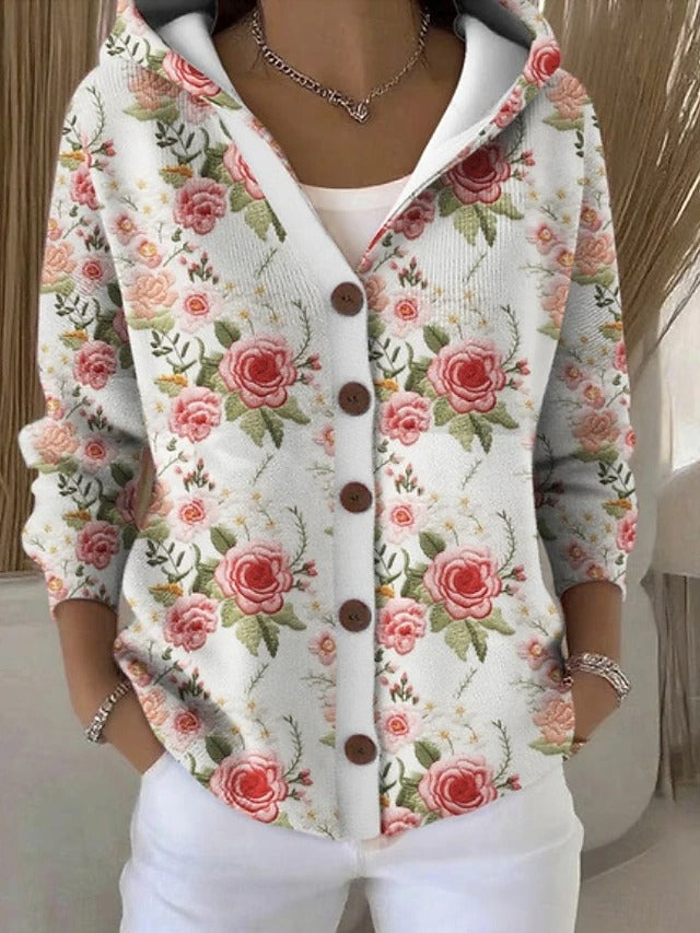 Cardigan donna con cappuccio e stampa bianco floreale