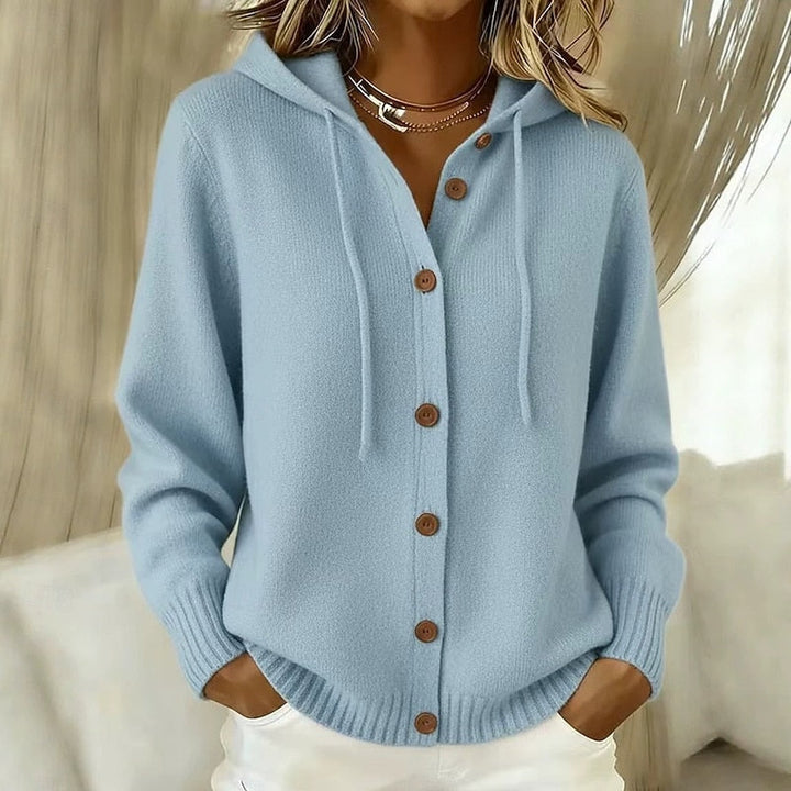 Cardigan da donna con cappuccio e bottoni azzurro – vista frontale