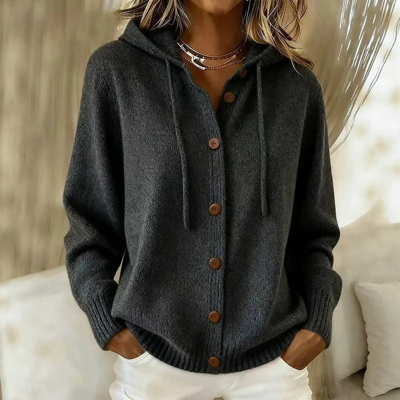 Cardigan da donna con cappuccio e bottoni grigio scuro – vista frontale