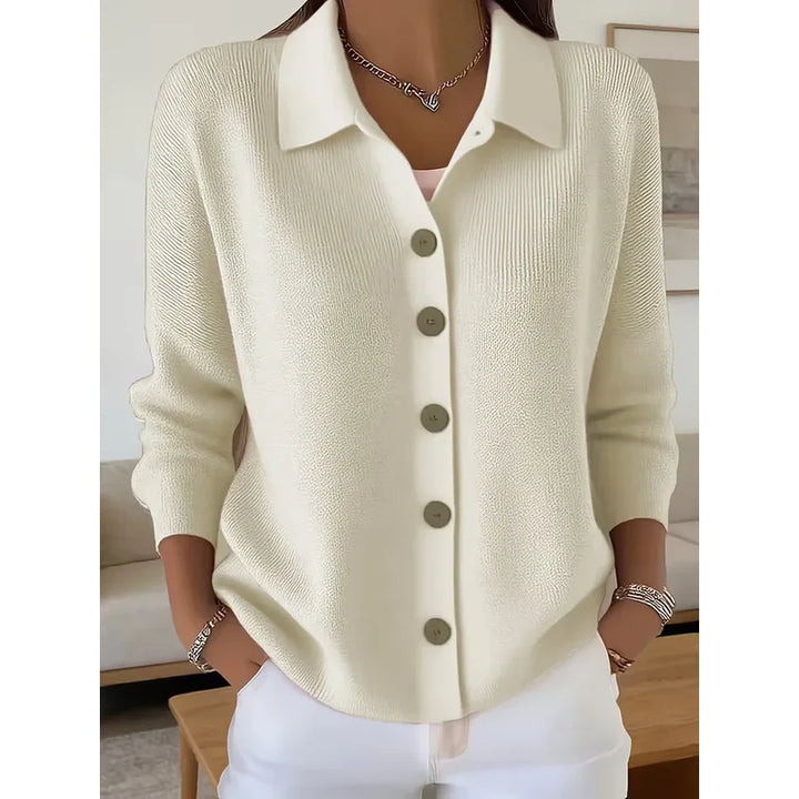Cardigan da donna albicocca con colletto a camicia e bottoni