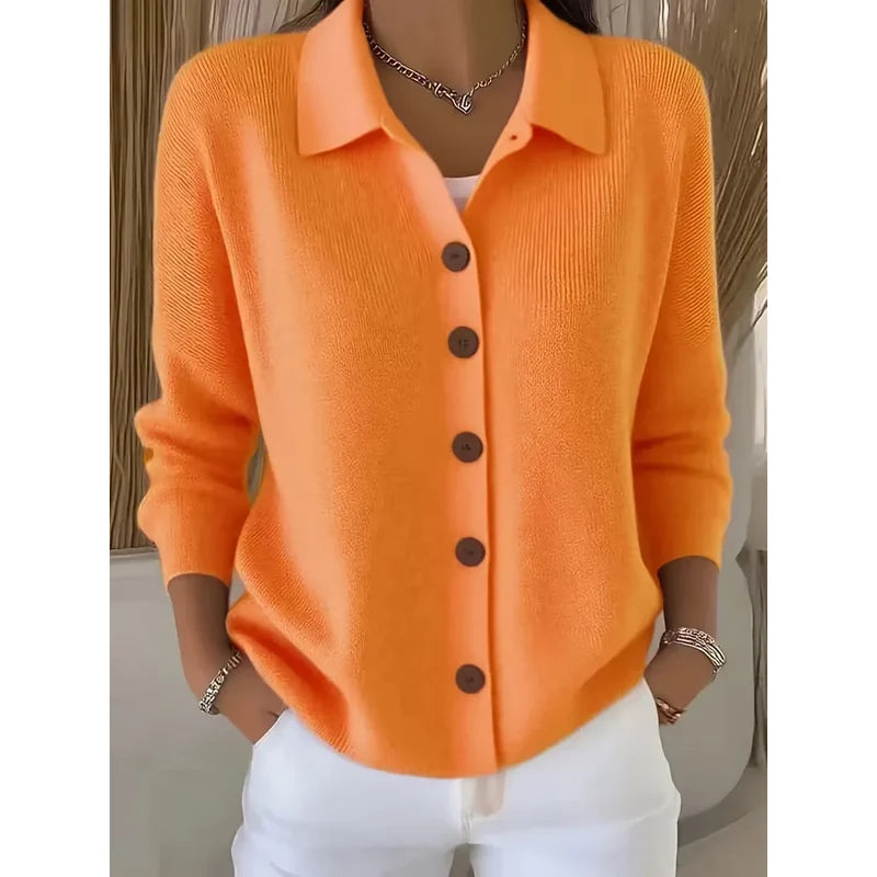Cardigan da donna arancione con colletto a camicia e bottoni