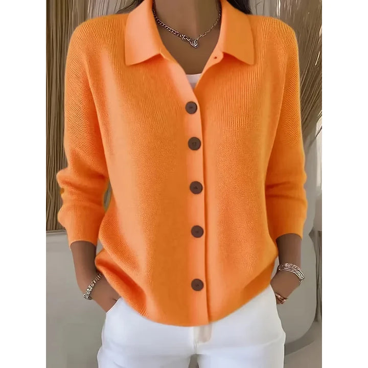 Cardigan da donna arancione con colletto a camicia e bottoni