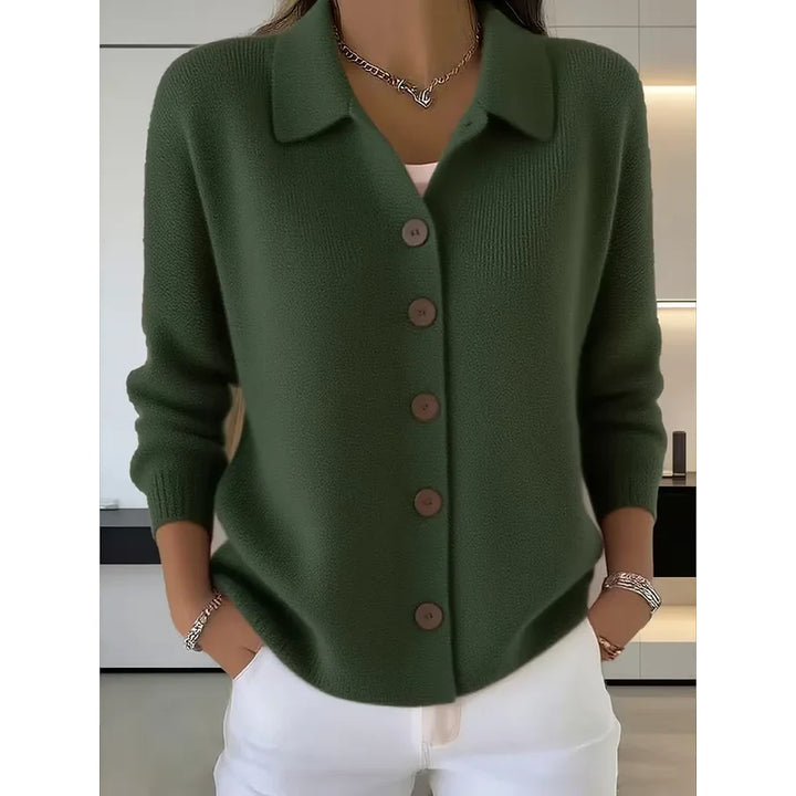 Cardigan da donna verde scuro con colletto a camicia e bottoni