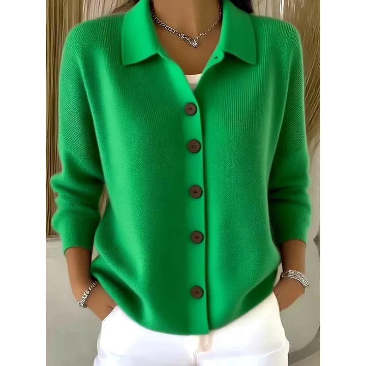 Cardigan da donna verde con colletto a camicia e bottoni