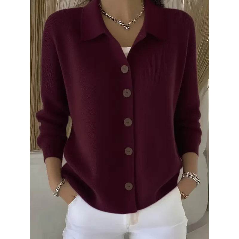 Cardigan da donna bordeaux con colletto a camicia e bottoni