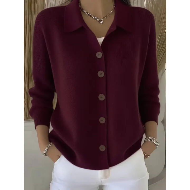 Cardigan da donna bordeaux con colletto a camicia e bottoni