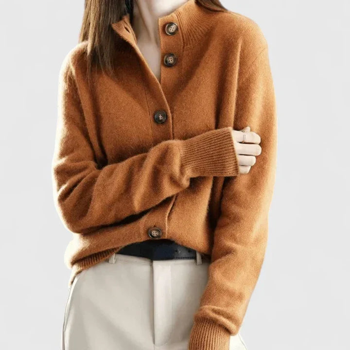Cardigan da donna con colletto e bottoni caramello – vista frontale