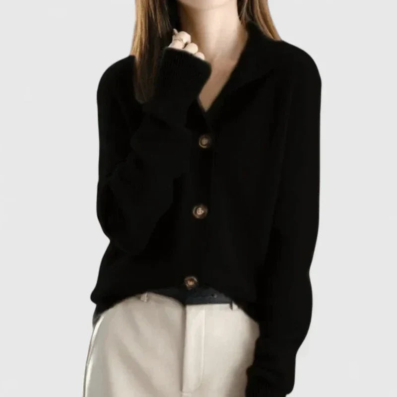 Cardigan da donna con colletto e bottoni nero – vista frontale
