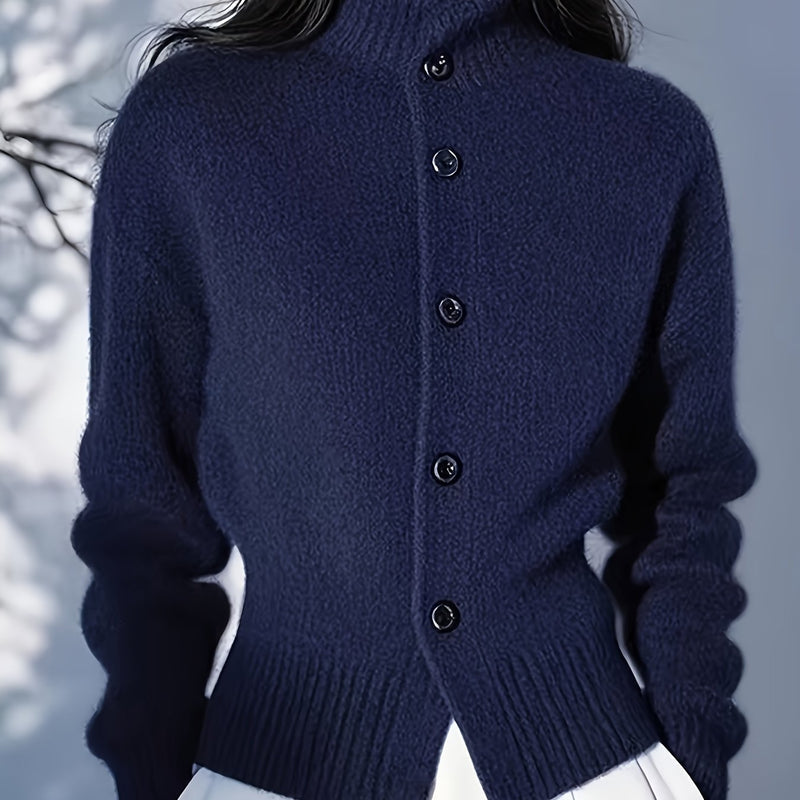 Cardigan da donna blu navy con collo alto e bottoni – vista frontale