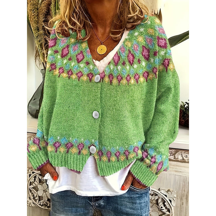 Cardigan da donna con motivo nordico verde – vista frontale