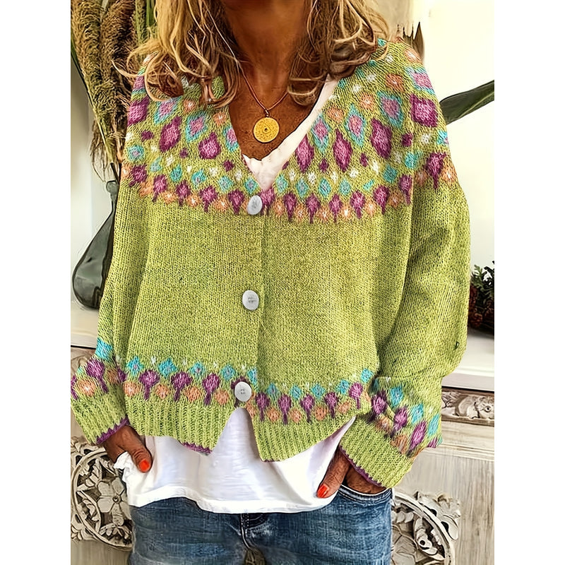 Cardigan da donna con motivo nordico giallo verde – vista frontale