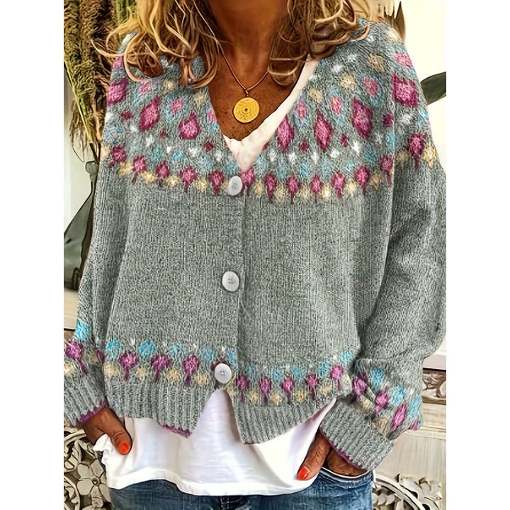 Cardigan da donna con motivo nordico grigio – vista frontale