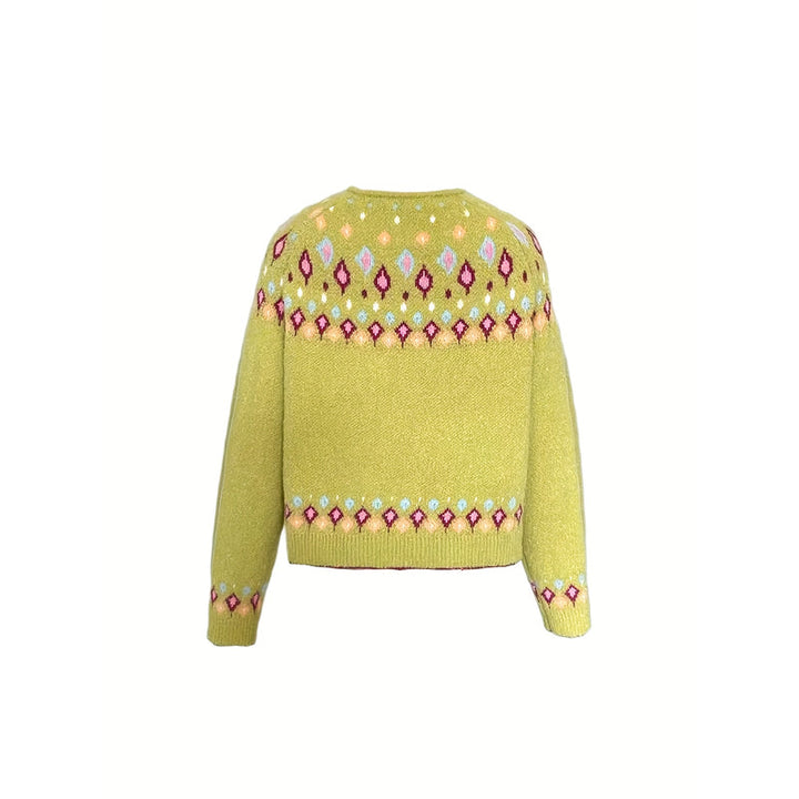 Cardigan da donna con motivo nordico giallo verde – vista frontale in piano