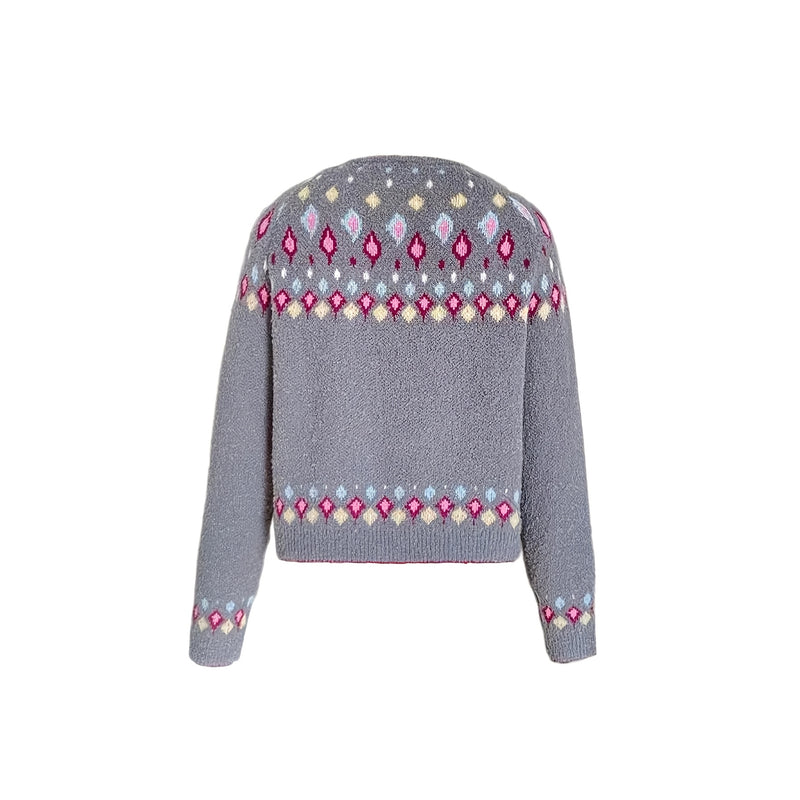 Cardigan da donna con motivo nordico grigio – vista frontale in piano