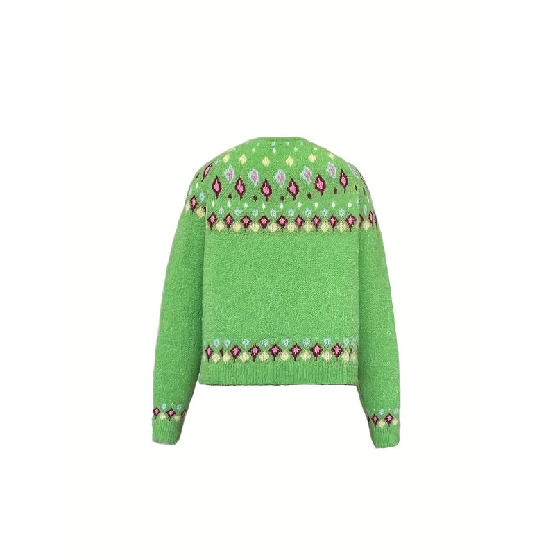Cardigan da donna con motivo nordico verde – vista frontale in piano