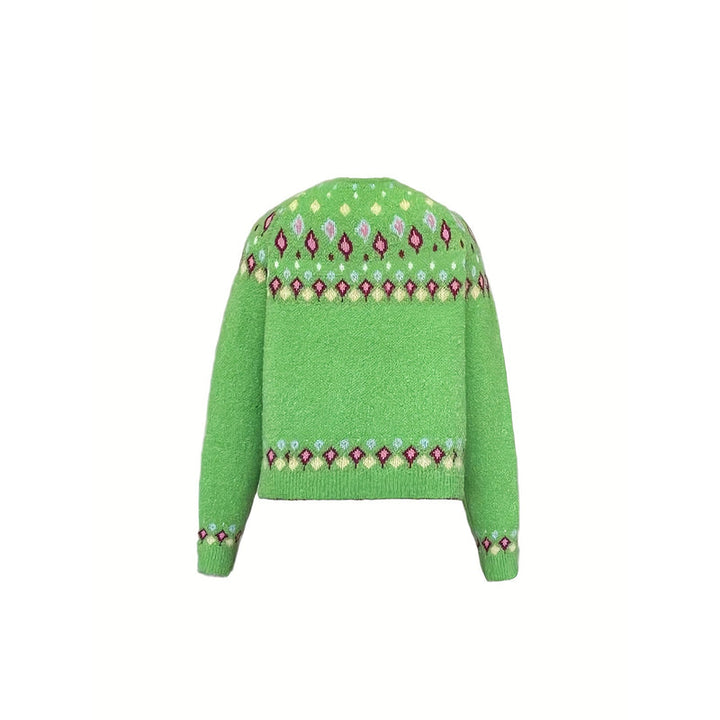 Cardigan da donna con motivo nordico verde – vista frontale in piano