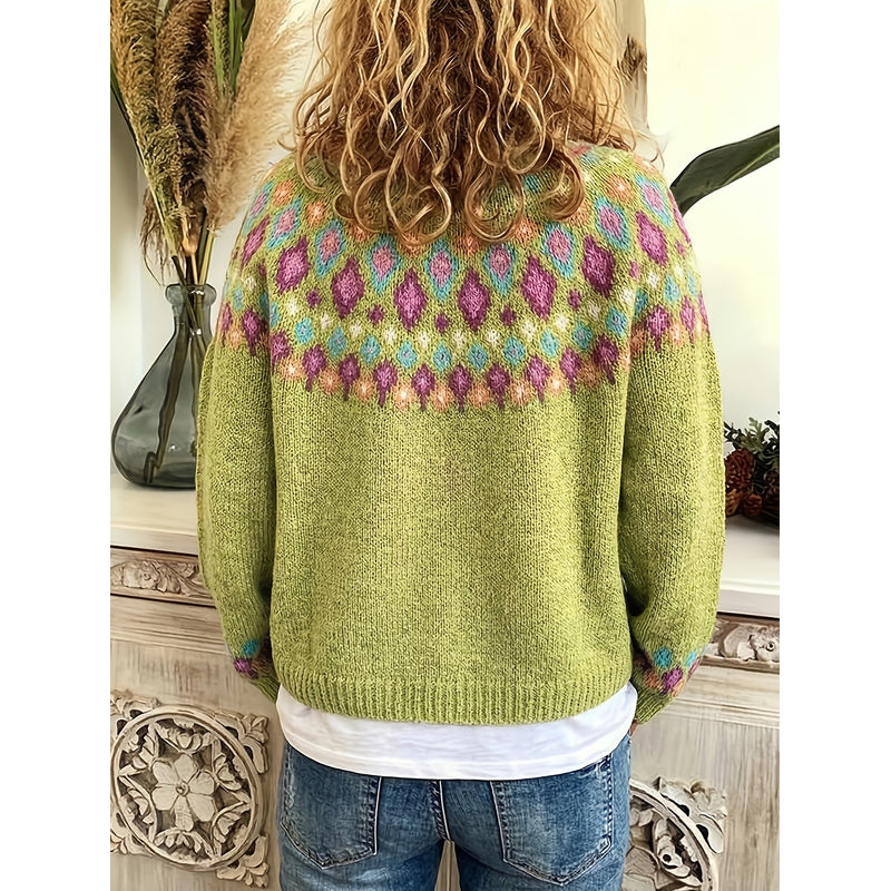Cardigan da donna con motivo nordico giallo verde – vista posteriore