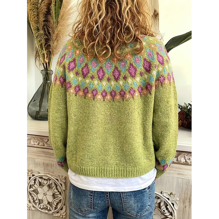 Cardigan da donna con motivo nordico giallo verde – vista posteriore