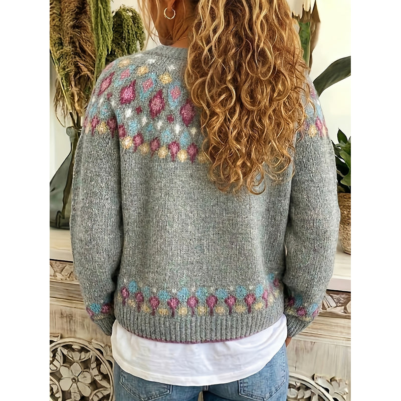 Cardigan da donna con motivo nordico grigio – vista posteriore
