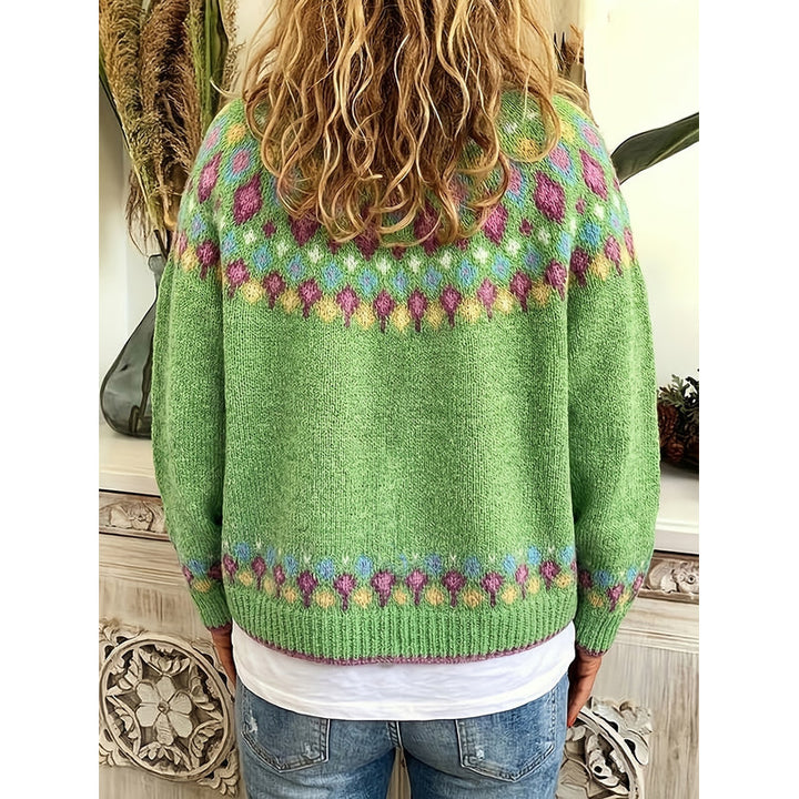 Cardigan da donna con motivo nordico verde – vista posteriore