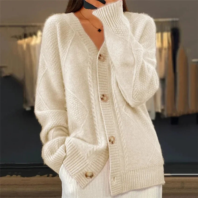 Cardigan donna albicocca in maglia morbida con bottoni