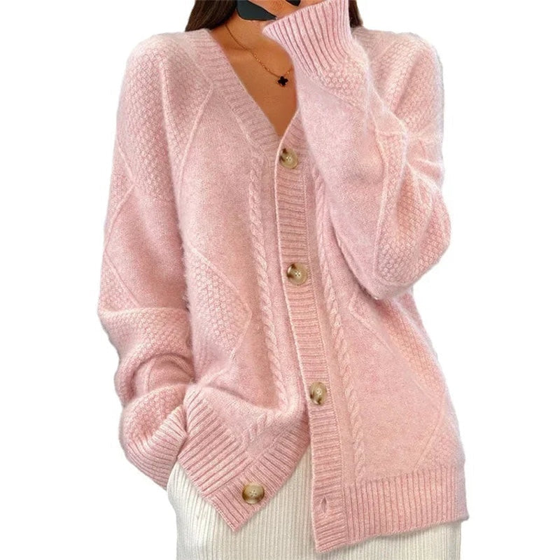 Cardigan donna rosa con scollo a V e bottoni