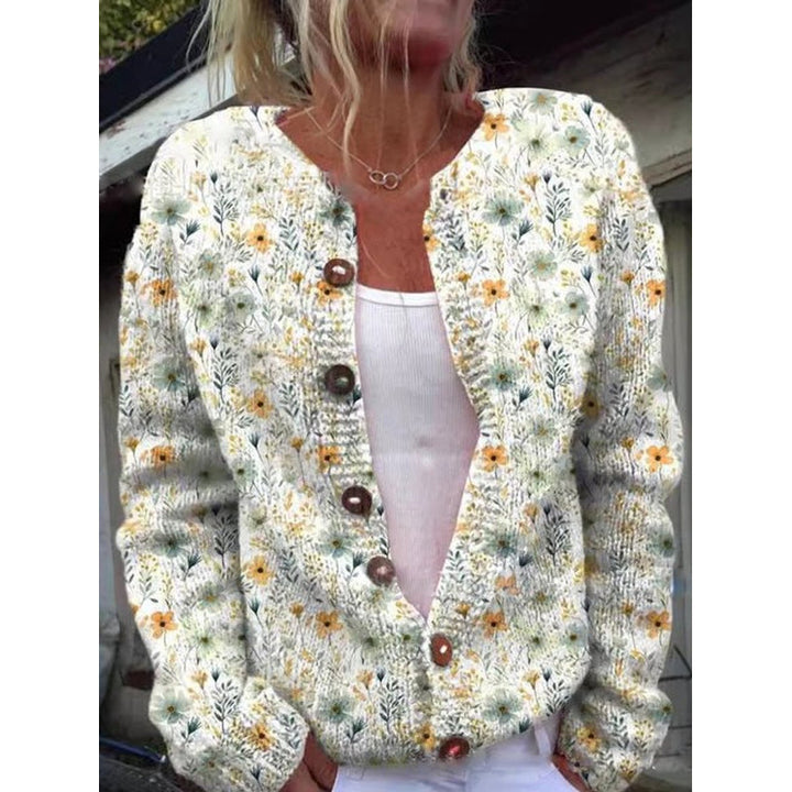 Cardigan da donna beige con piccoli fiori colorati e bottoni