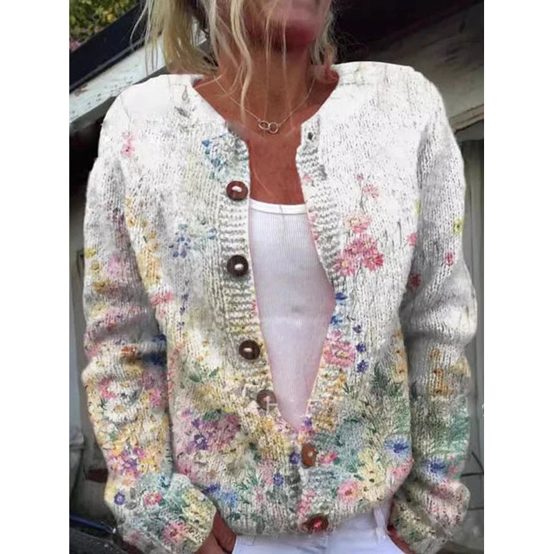 Cardigan da donna bianco con fiori colorati in maglia